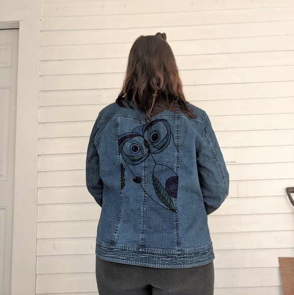 Hand Drawn Owl Denim Jacket Coldwater Creek - Picture 8 of 8
